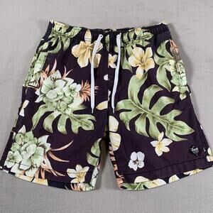 Neff‎ Shorts Mens Small Black Floral Hawaiian Swim Trunks Boardshorts Polyester